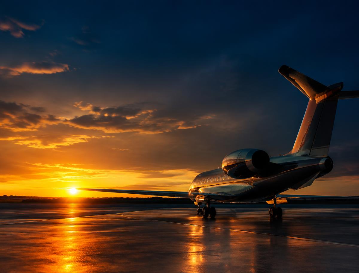 Jet on runway at sunset